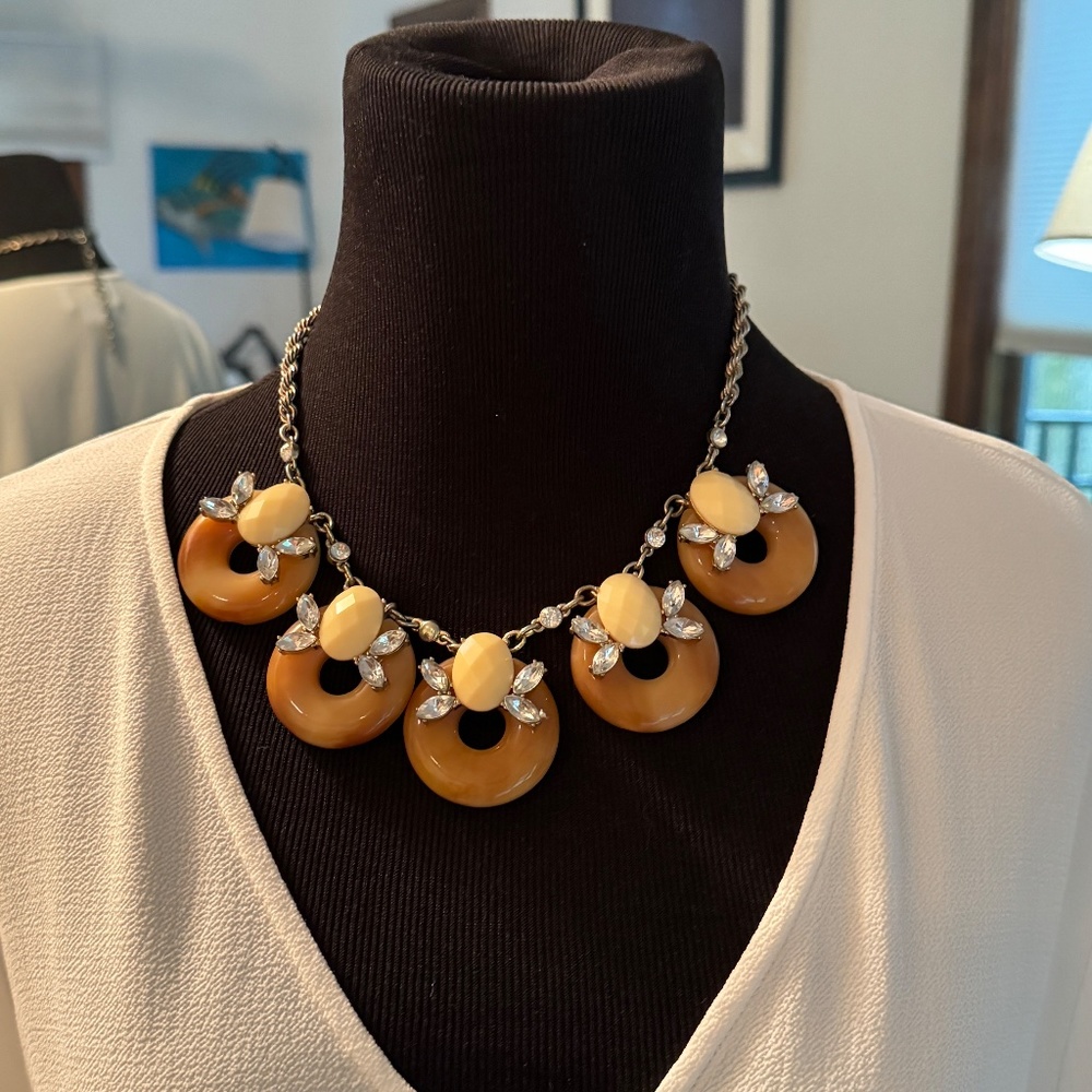 Anthropologie Resin and Rhinestone Necklace Caramel and Tan